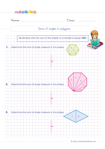 6th Grade 2D geometry worksheets: Shapes and their properties - Sum of interior angles of a polygon