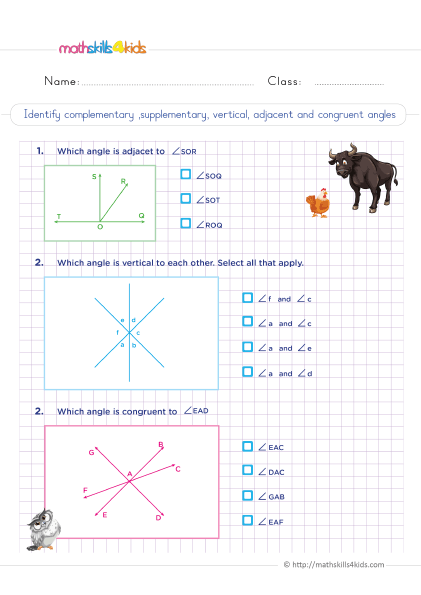 6th Grade 2D geometry worksheets: Shapes and their properties - Identifying types of angles - complementary supplementary vertical adjacent and congruent
