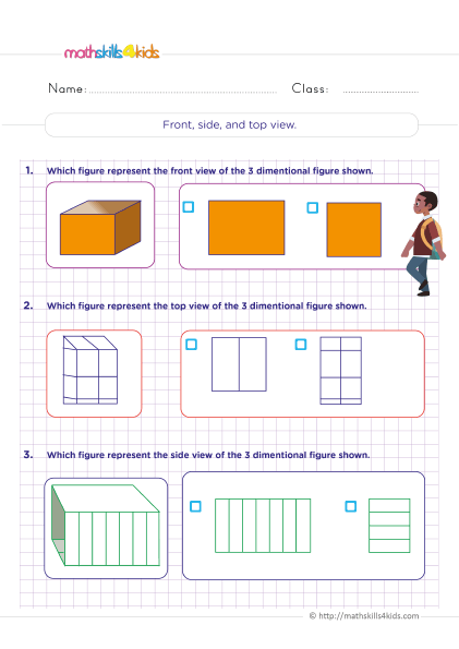 6th Grade Math Worksheets: Properties and Characteristics of 3D Shapes - Front side and top view of a three dimensional figure