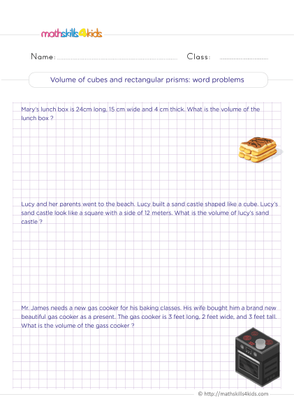6th Grade geometry worksheets: Perimeters, surface area, and volume measurements - Volumes of cubes and rectangular prisms word problems