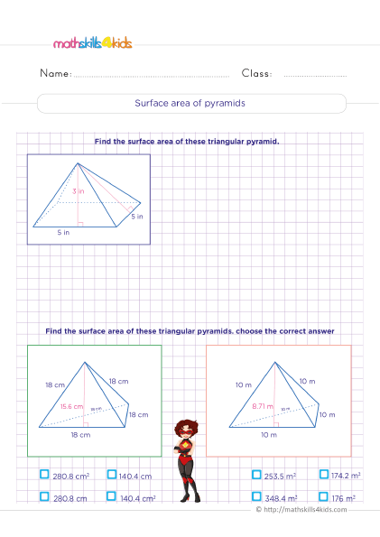 6th Grade geometry worksheets: Perimeters, surface area, and volume measurements - How to find surface area of pyramids