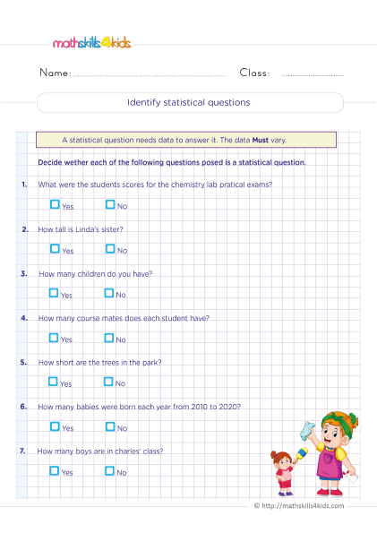 Grade 6 Statistics Worksheets PDF: Statistical Questions with Answers - Identifying statistical questions