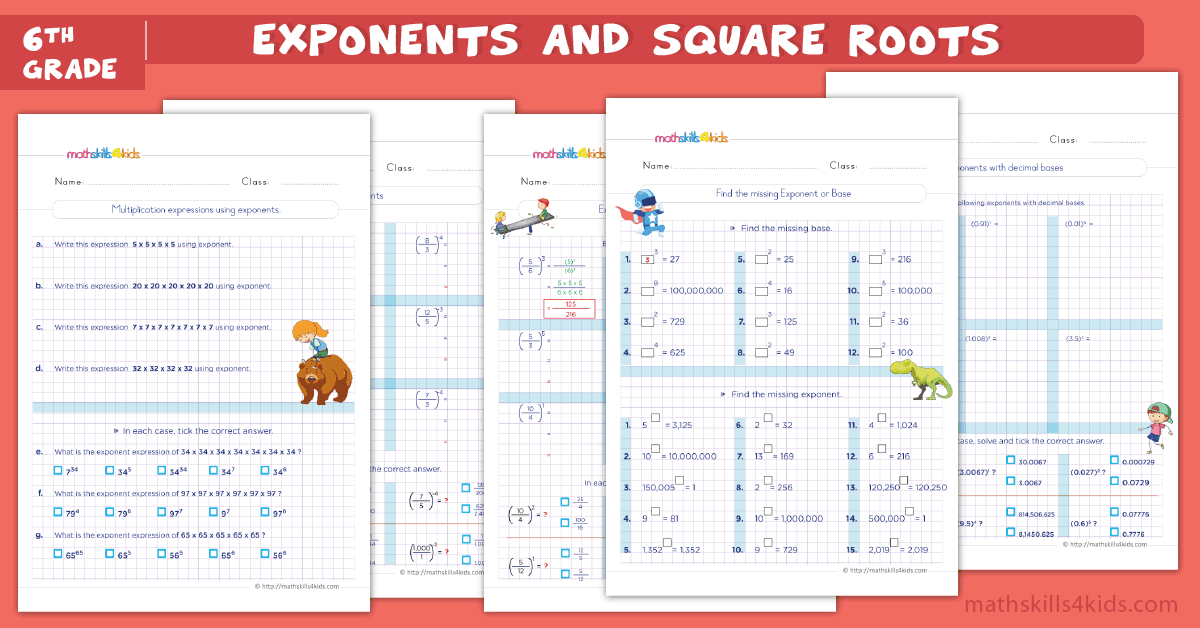 Ace 6th Grade math with interactive games and free worksheets - exponents and square roots worksheets