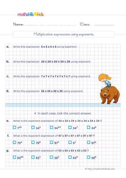 6th Grade exponents and square roots worksheets: Free & Printable - writing multiplication expressions using exponents