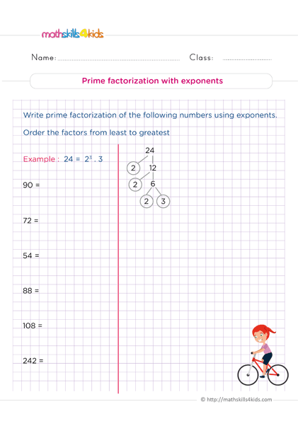 6th Grade number theory worksheets: Free and Printable - Understand how to write prime factorization with exponents