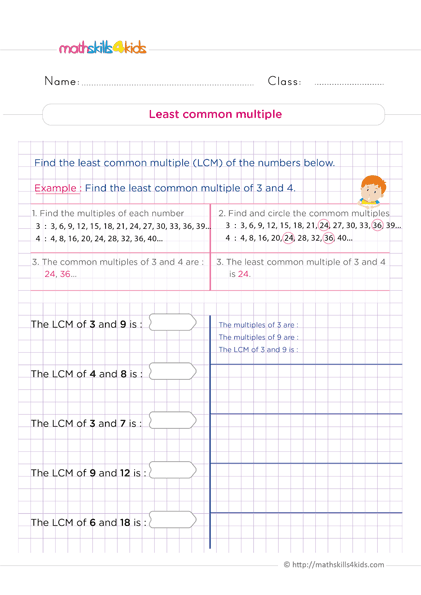 6th Grade number theory worksheets: Free and Printable - How to find least common multiple (LCM)