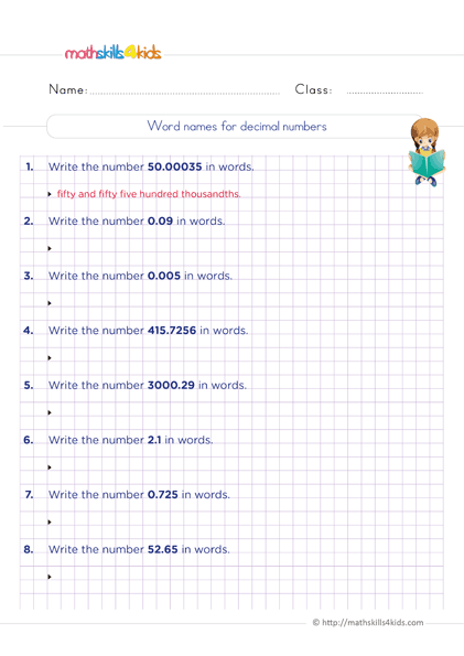 Decimals made simple: Worksheets for 6th Grade math lovers - Reading and writing decimals in words practice