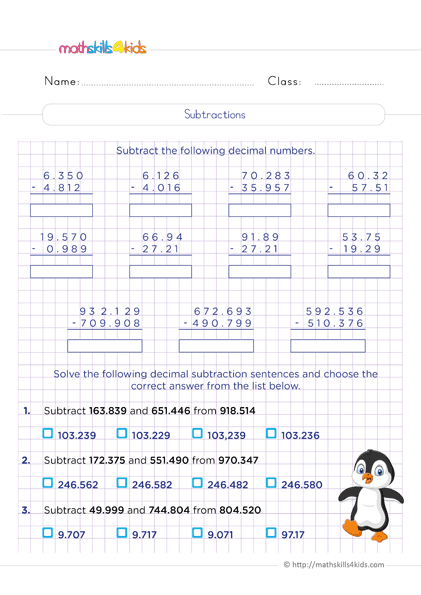 6th Grade decimal addition and subtraction: Free printable worksheets - Subtraction of decimals practice