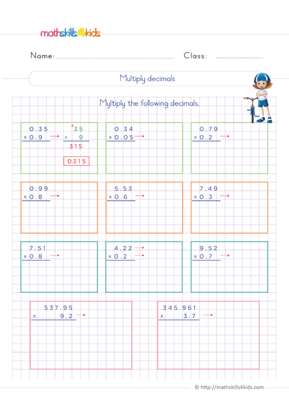 6th Grade math: Multiplying and dividing decimals worksheets - multiplying decimals
