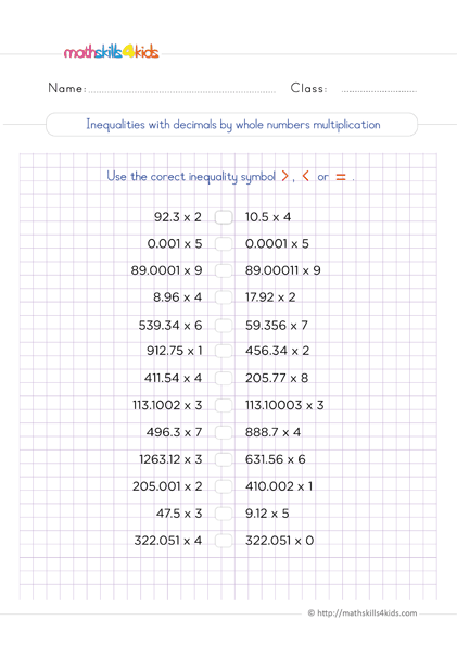6th Grade math: Multiplying and dividing decimals worksheets - inequalities with decimals by whole numbers multiplication