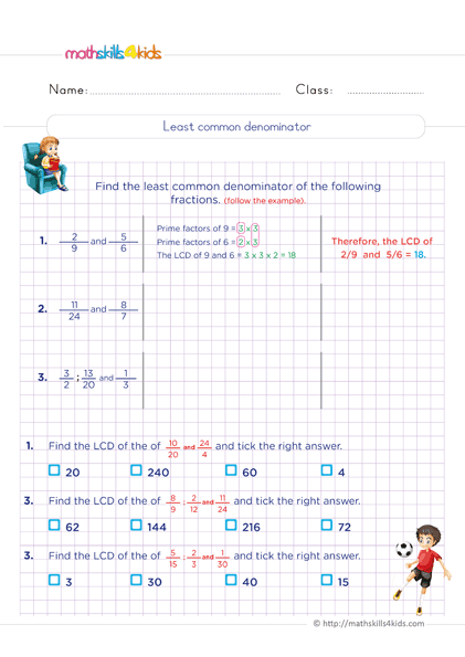6th Grade mixed numbers and fractions worksheets - How to find the least common denominator