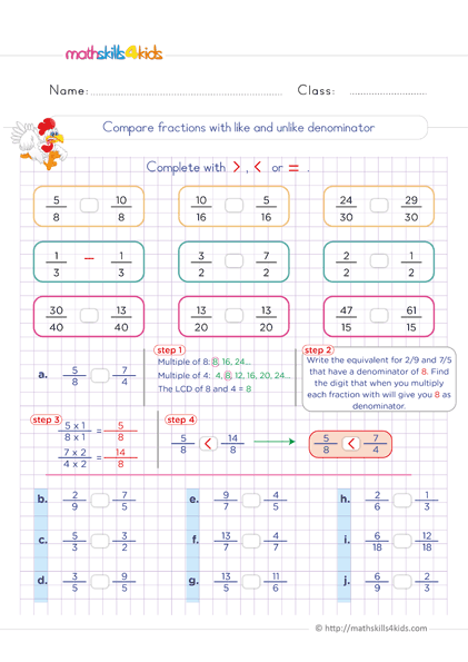 6th Grade mixed numbers and fractions worksheets - compare fractions with like and unlike denominator