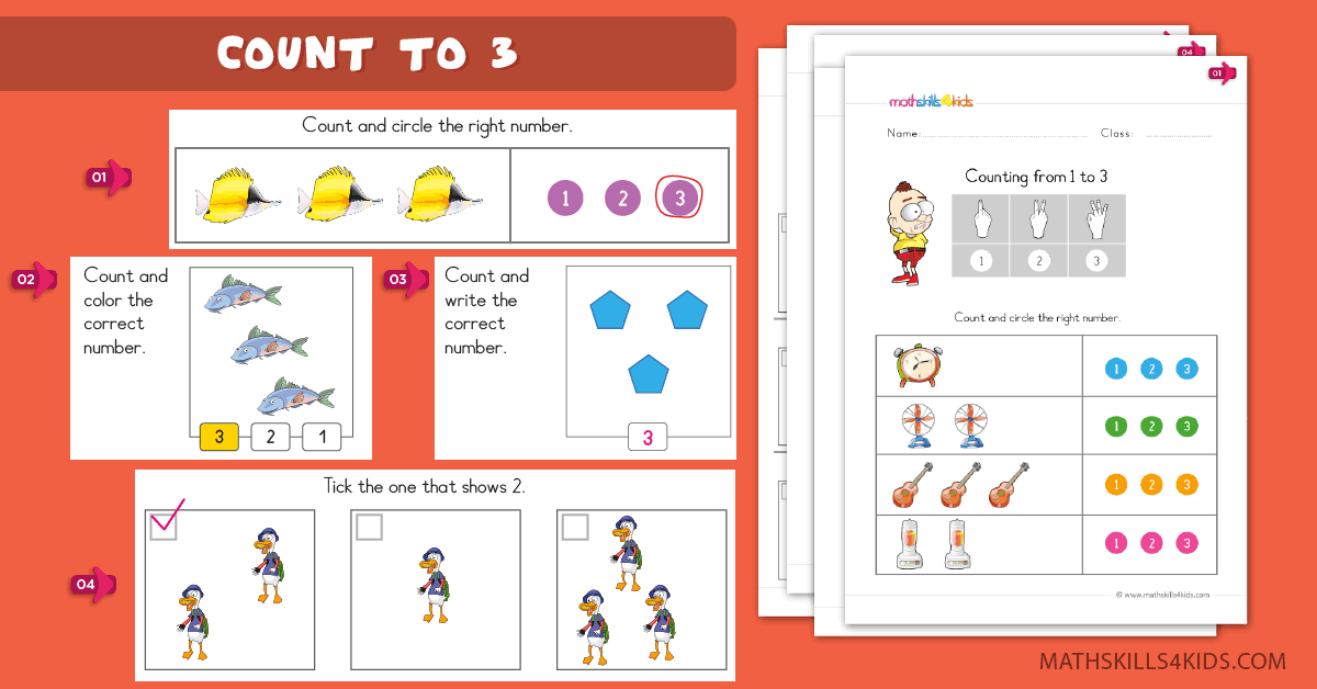 Kindergarten math worksheets - Learn to count up to 3 worksheets