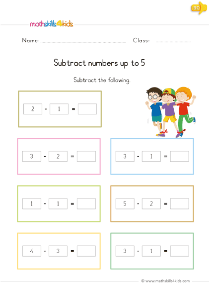 kindergarten math worksheets - subtraction up to 5 - complete subtraction sentence