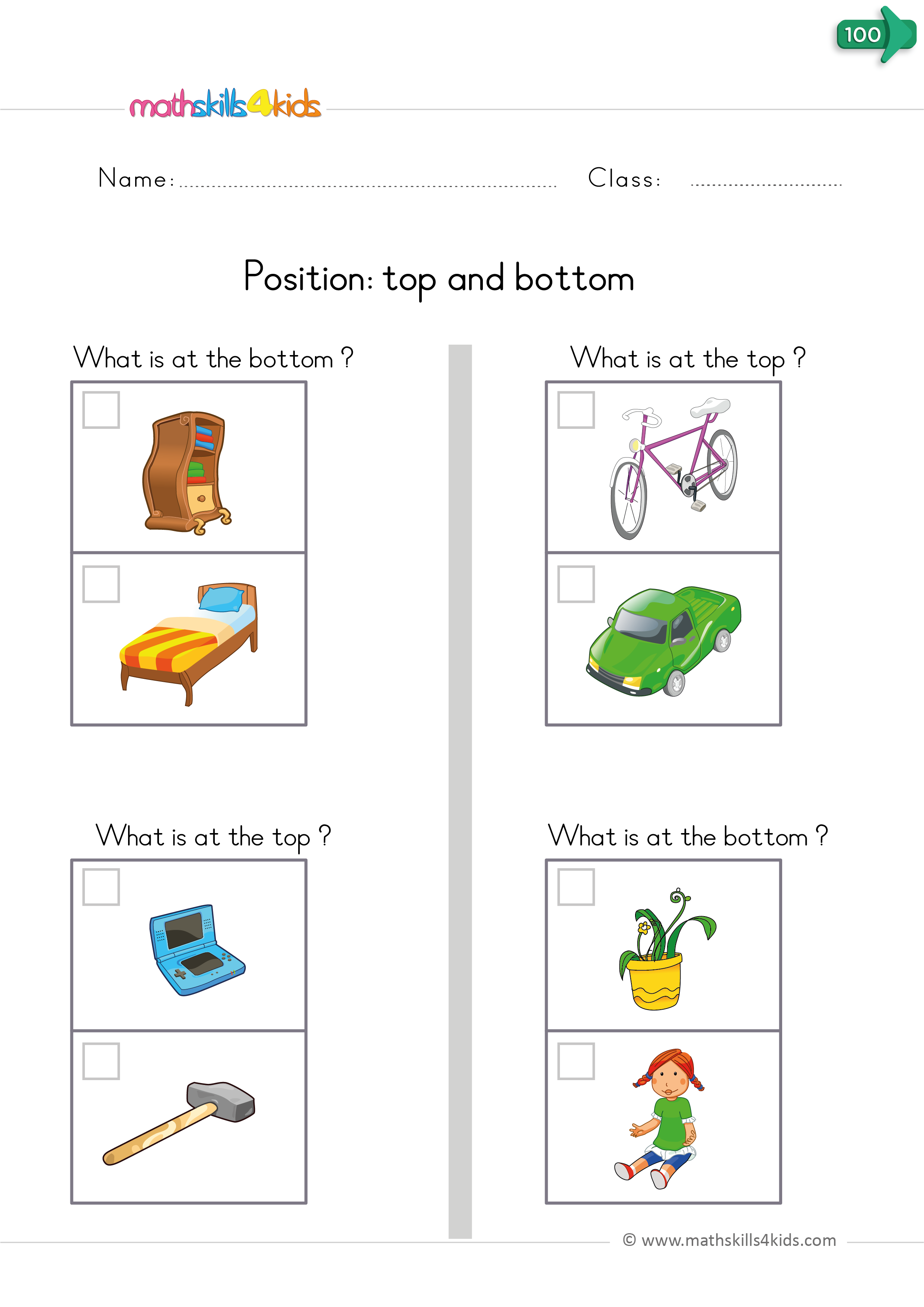kindergarten math worksheets - position worksheets tob/bottom