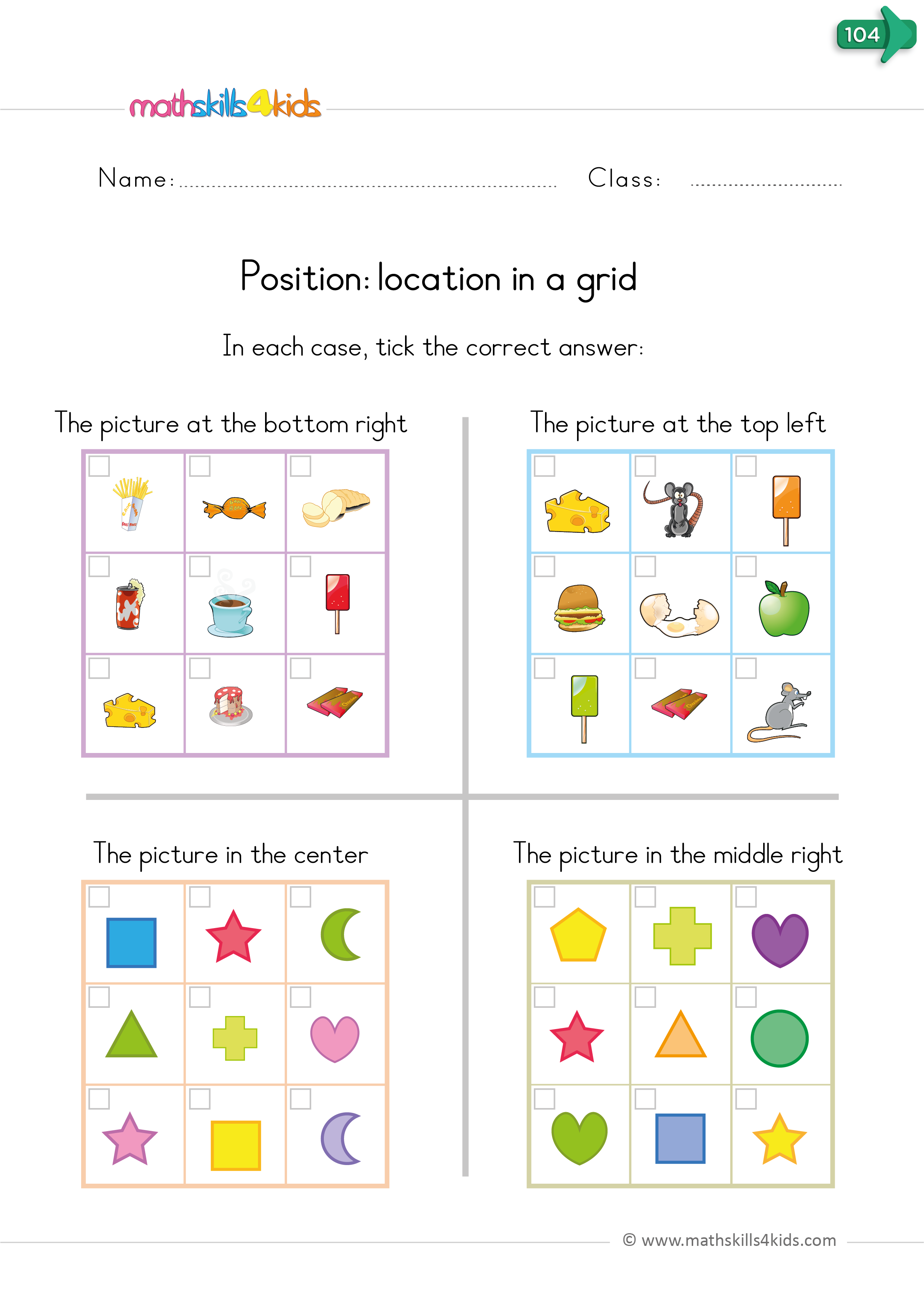 kindergarten math worksheets and activities - positional words grid location top-right, bottom center, etc.