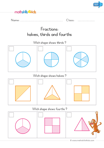 fractions worksheets for kindergarten - thirs and fourths