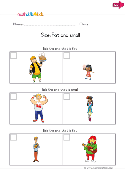 Free measurement worksheets for kindergarten fat and small