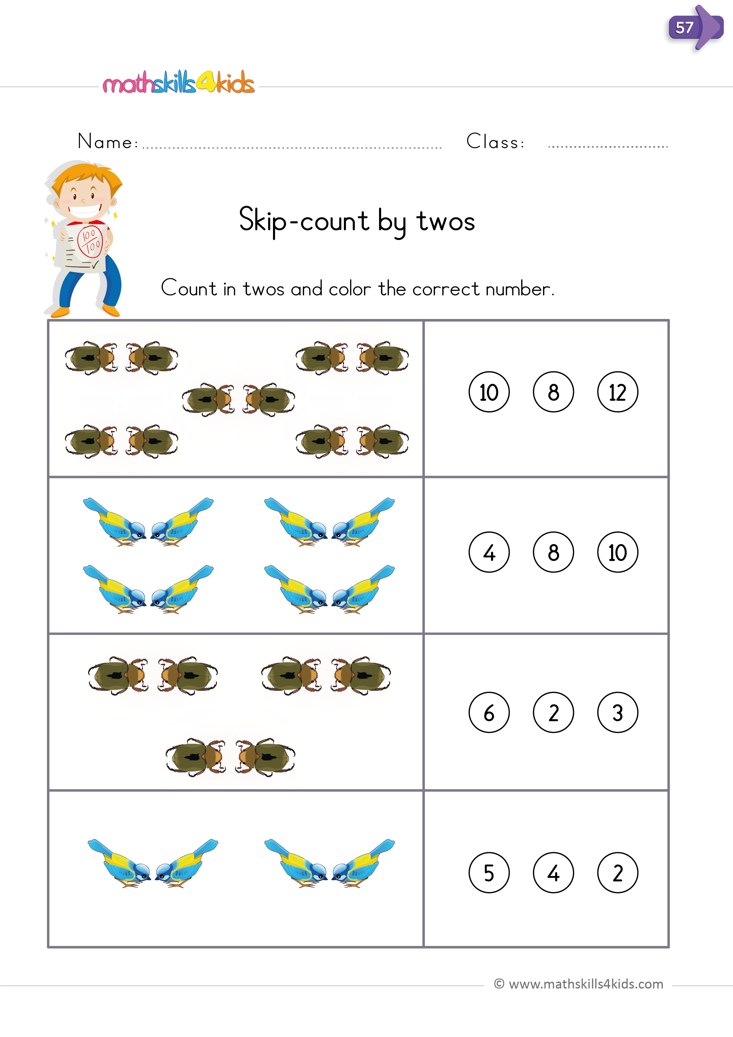 Skip counting worksheets for kindergarten - practice and learn Counting by 2's