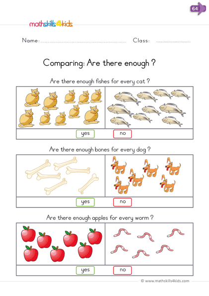 Kindergarten comparison worksheets: numbers vs. sizes - comparing numbers - are there enough