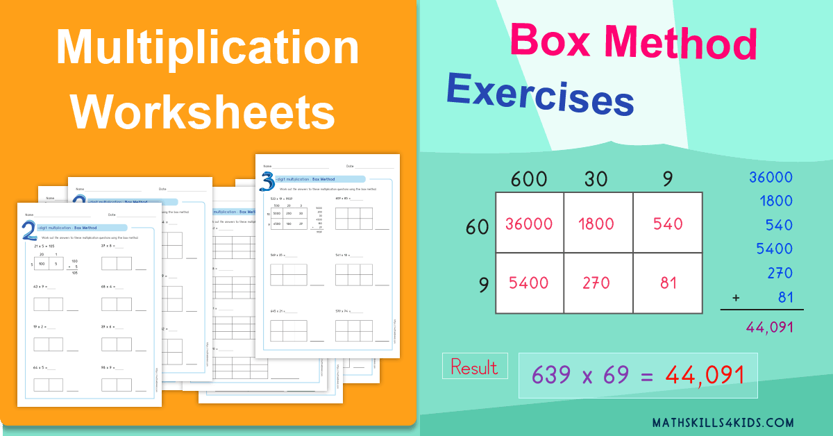 Box method Multiplication methods worksheets PDF - Partial product multiplication worksheets