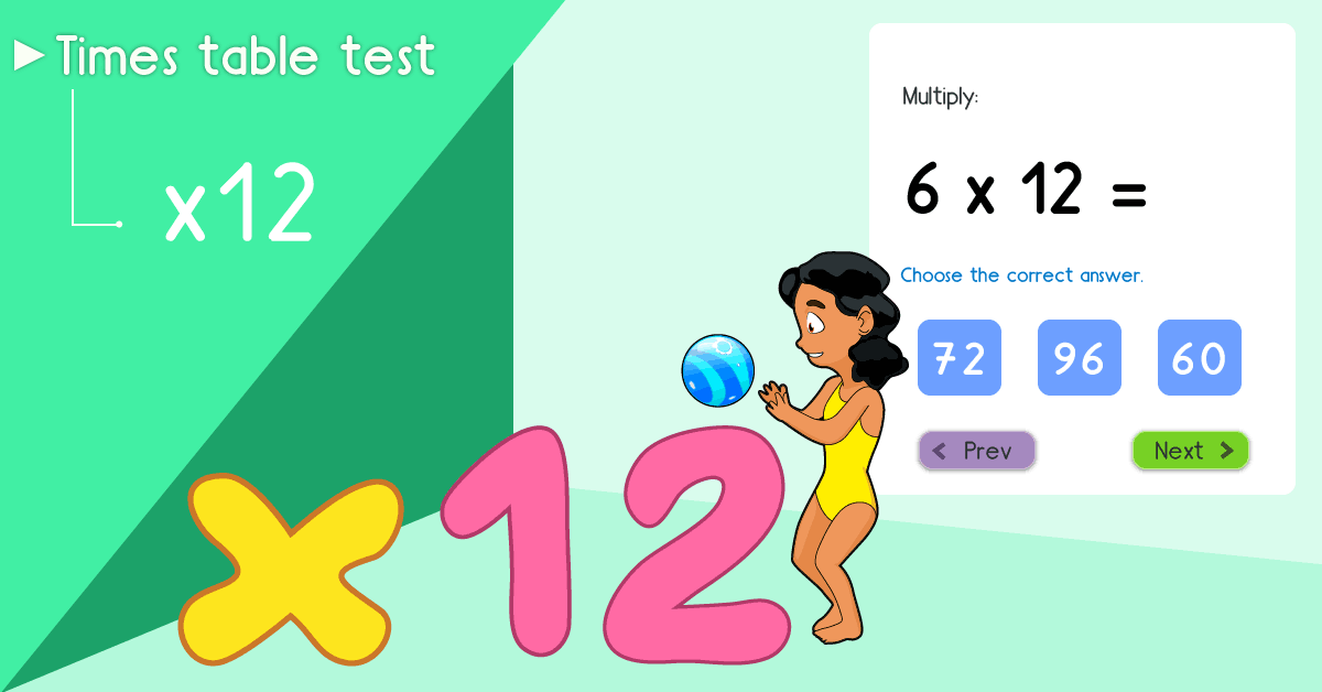12 times table quiz - Multiply by 12 test - Free 12 times table math games online