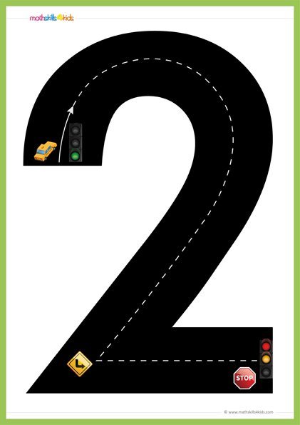 preschool math printable game - road numbers math digit 2
