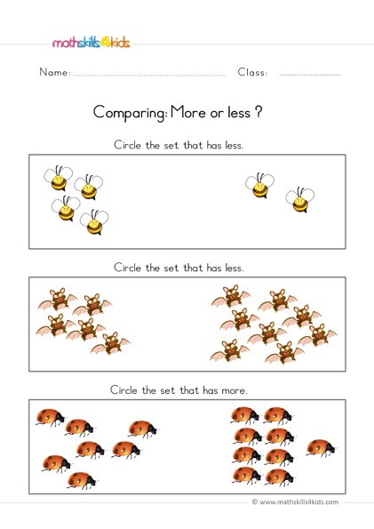 pre k comparing worksheets - more or less