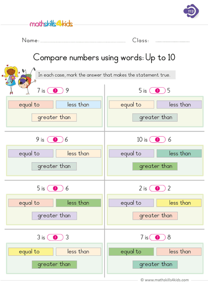 First Grade Math comparing worksheets - compare numbers using word up to 10