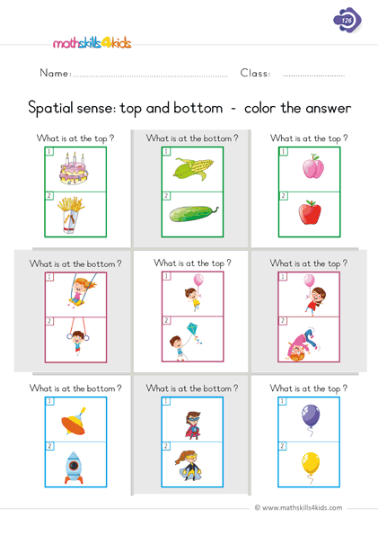 First Grade math worksheets - top bottom position worksheets