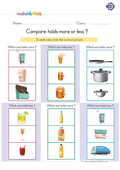 First Grade math worksheets - capacity holds more holds less worksheets