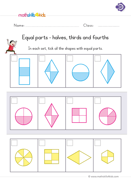 Fraction Practice - fractions worksheets - equal parts halves thirds fourths