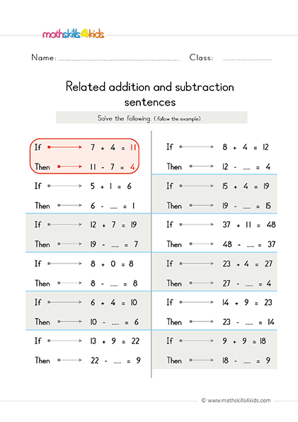 First Grade math worksheets - related subtraction and addition sentences worksheets