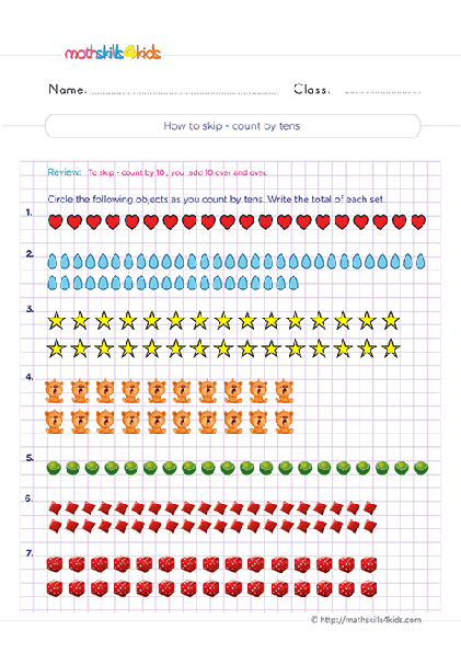 Second Grade math worksheets - skip-counting by 10s