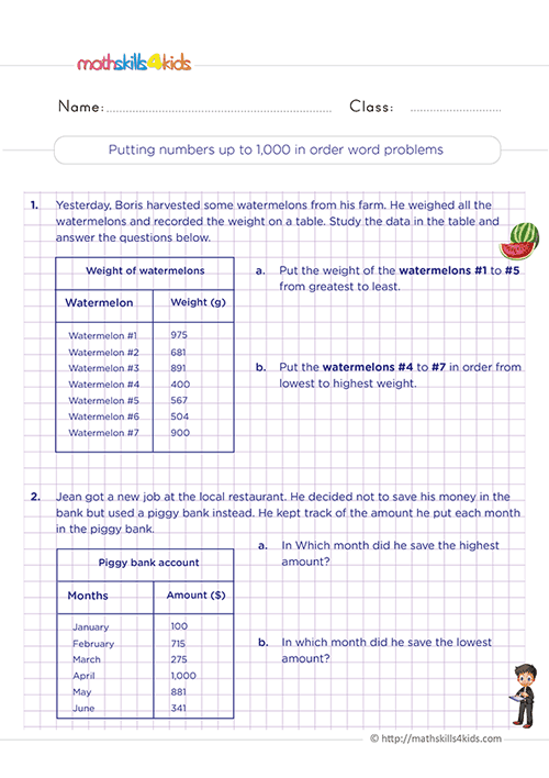 Second Grade Math putting numbers up to 1000 in order word problems worksheets