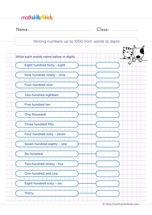 Grade 2 reading and writing numbers: Printable worksheets & activities - Writing numbers up to 1000 from words to digits