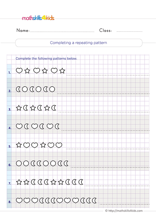 Mastering shape patterns: Second-Grade worksheets and activities - Completing a repeating patterns