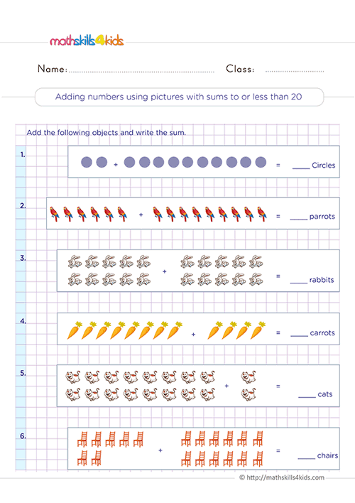 Effective strategies for adding 1-digit numbers: Grade 2 worksheets Pdf - Adding numbers using pictures with sums up to or less than 20