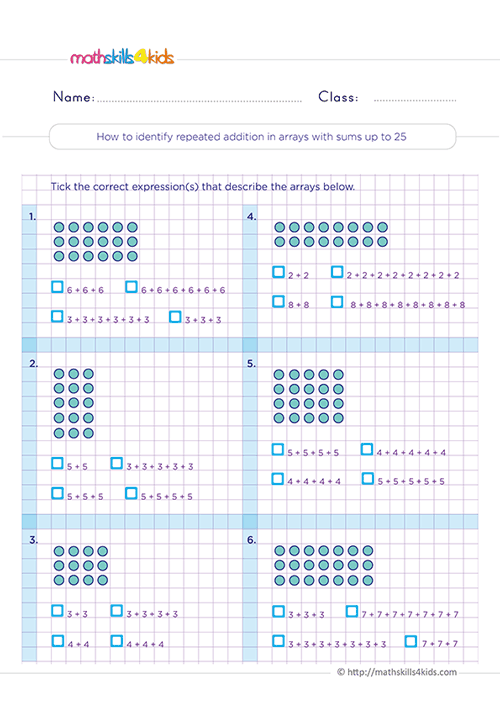 Effective strategies for adding 1-digit numbers: Grade 2 worksheets Pdf - Identifying repeated addition in arrays with sums up to 25