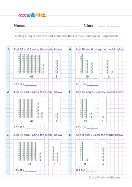 Mastering addition with 2-Digit Worksheets for 2nd Grade PDF - Adding 2-digit & 1-digit numbers without regrouping using models