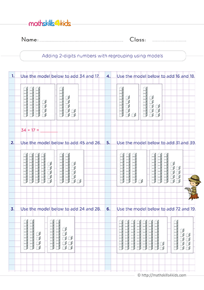 Second Grade Math adding two numbers with regrouping worksheets