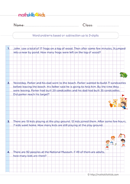 Free printable subtract within 2-Digits Worksheets for 2nd Grade - Word problems based on subtraction up to 2-digits