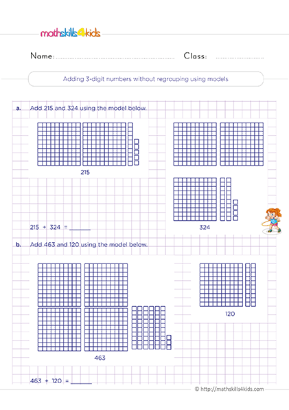 Mastering 3-digit Addition: Printable worksheets for 2nd Graders - Adding 3-digit numbers without regrouping using models