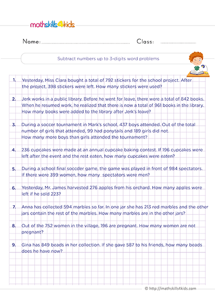 Mastering 3-digit subtraction with printable worksheets for 2nd Grade math - Subtracting numbers up to 3-digit word problems