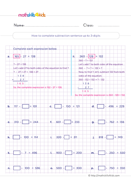 Mastering 3-digit subtraction with printable worksheets for 2nd Grade math - Subtracting numbers up to 3-digit: Find with the missing number