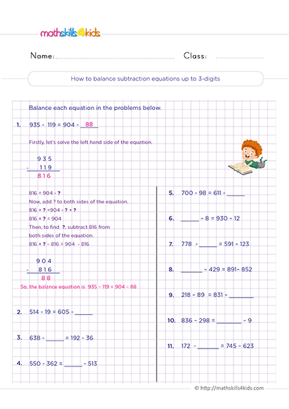 Second Grade Math balance subtraction equations up to 3-digit worksheets