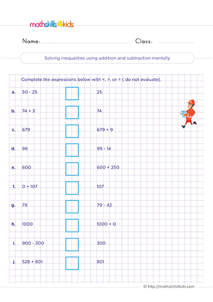 Second Grade Math solving inequalities using addition and subtraction worksheets