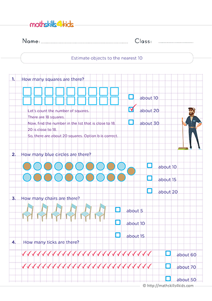 Printable estimation and rounding worksheets for 2nd Grade math practice - Estimate objects to the nearest 10