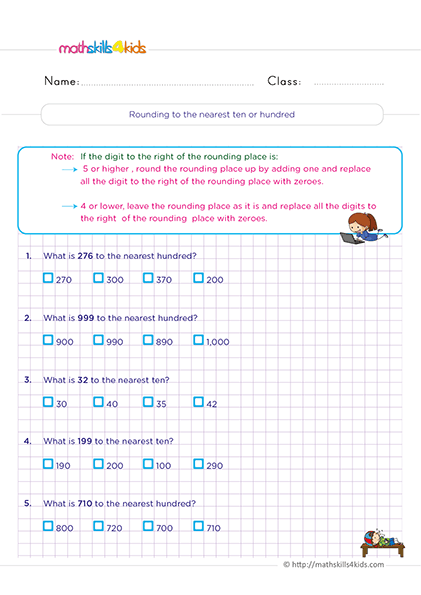 Second Grade Math rounding to the nearest ten or hunfred worksheets