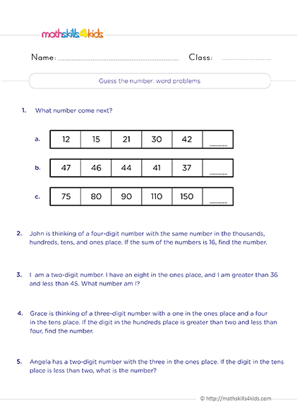 Grade 2 logical reasoning worksheets: Improve your child's thinking skills - Guess the number word problems